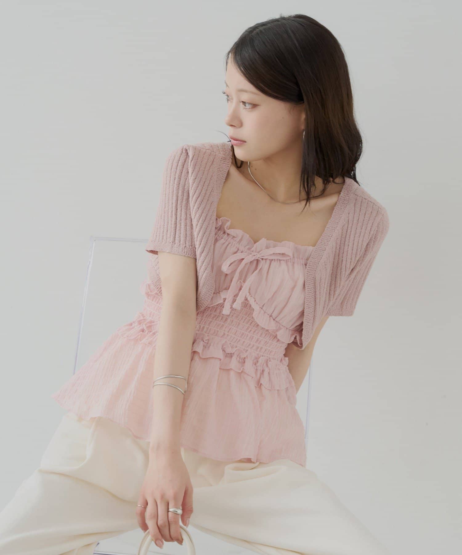 Chico】ニットボレロ+シャーリングキャミSET[品番：PALW0005680