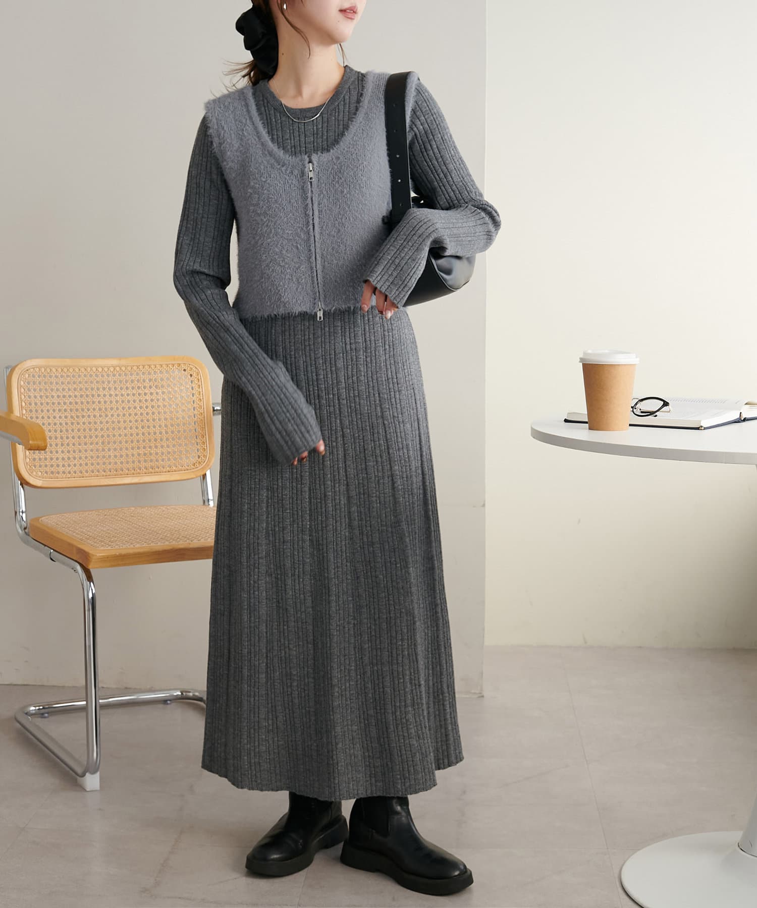 Discoat】ベスト付ランダムリブニットワンピース[品番：PALW0005762