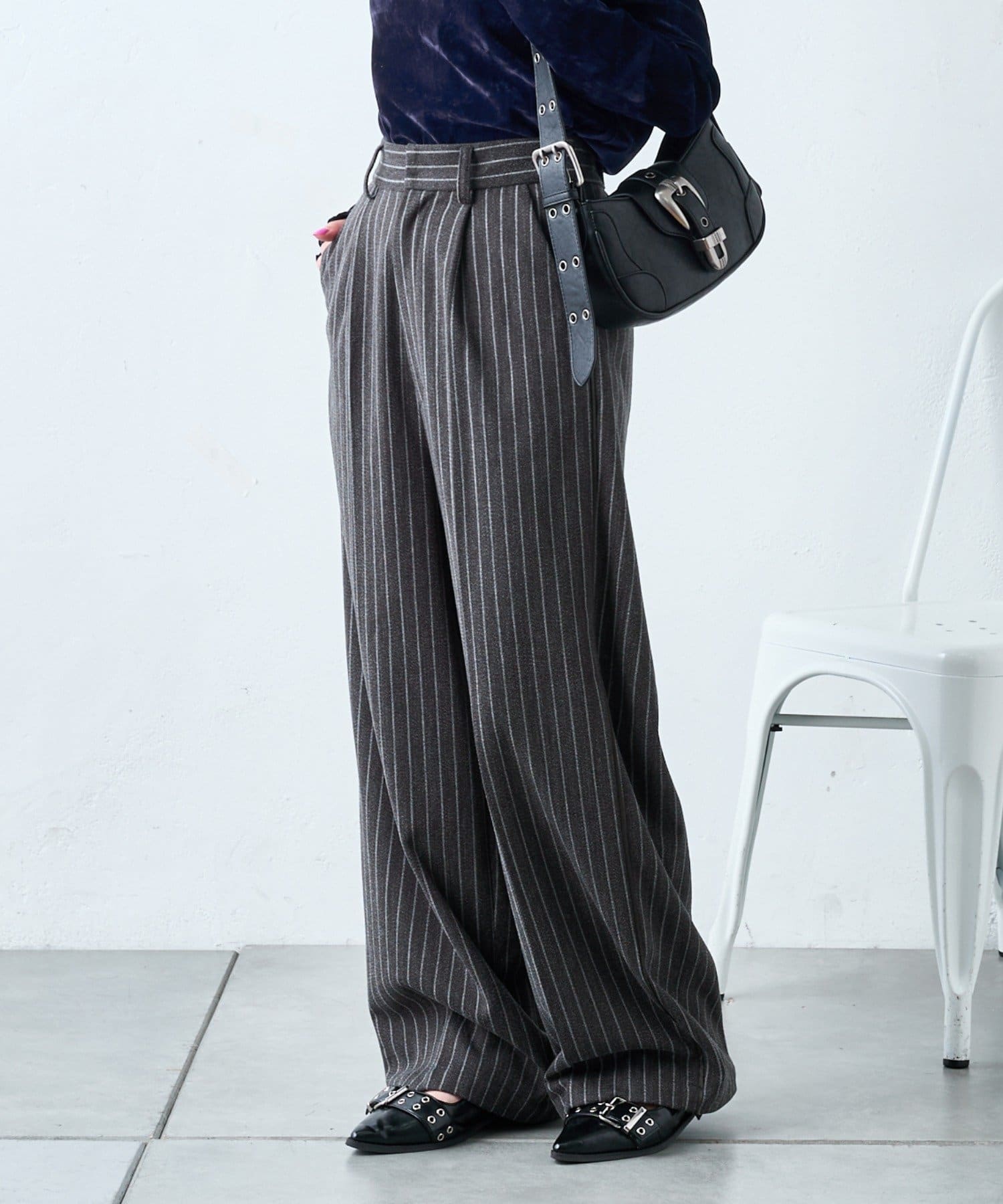 【Meer.】ストライプラップバルーンパンツBLK ストライプ スキニーパンツ/BANNED APPAREL(バーンドアパレル