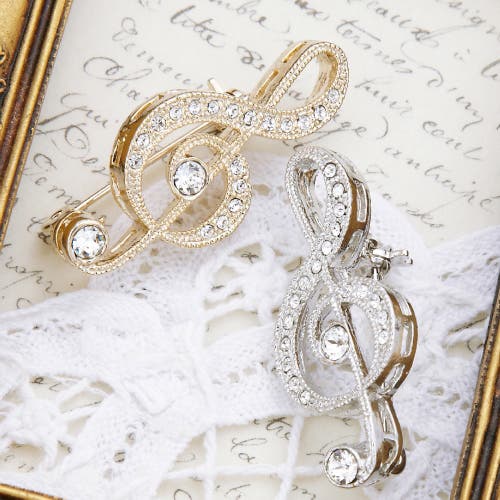 ラインストーンが輝くピンブローチ キュートな音符モチーフ 日本製