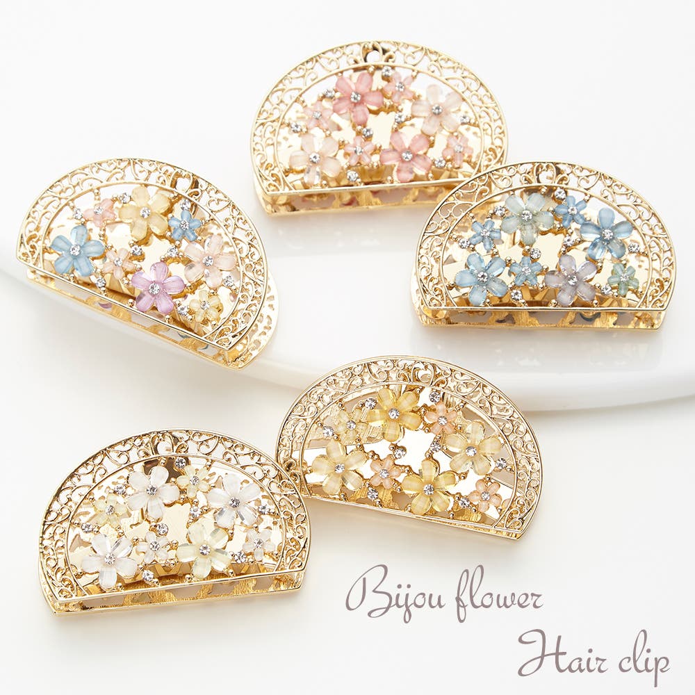 ビジューフラワーゴールドかまぼこ型ヘアバンスクリップ メタル