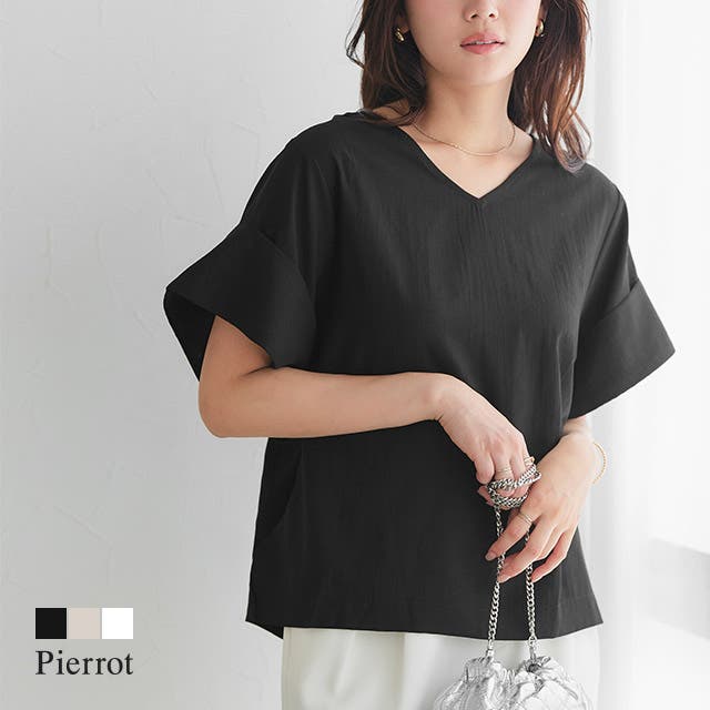パン PUFF BLOUSE ブラウス 五分袖 Vネック 黒 ブラック ■OS Vネックターンバックブラウス Vネックブラウス オーバーサイズ 半袖