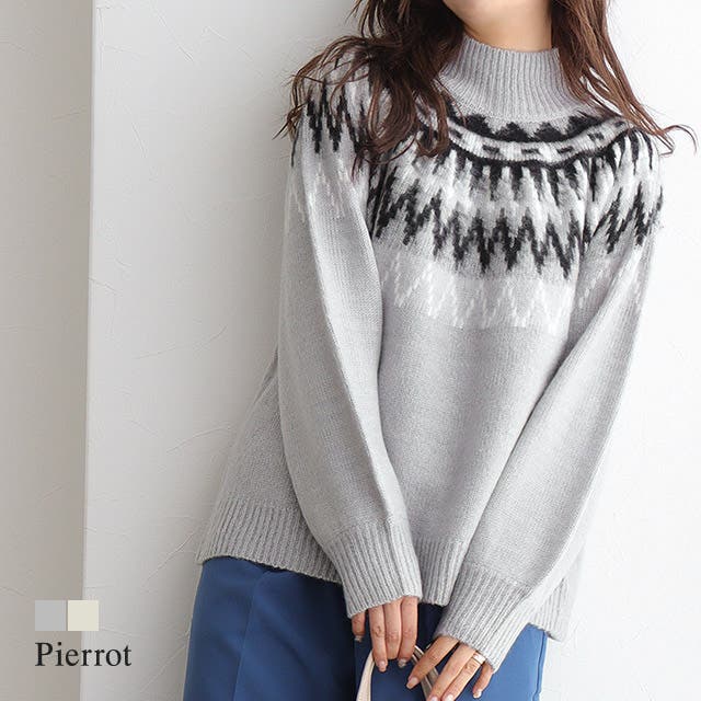 ☆23区ゴルフ ノルディック柄裏地付きクルーネックニットLサイズ美