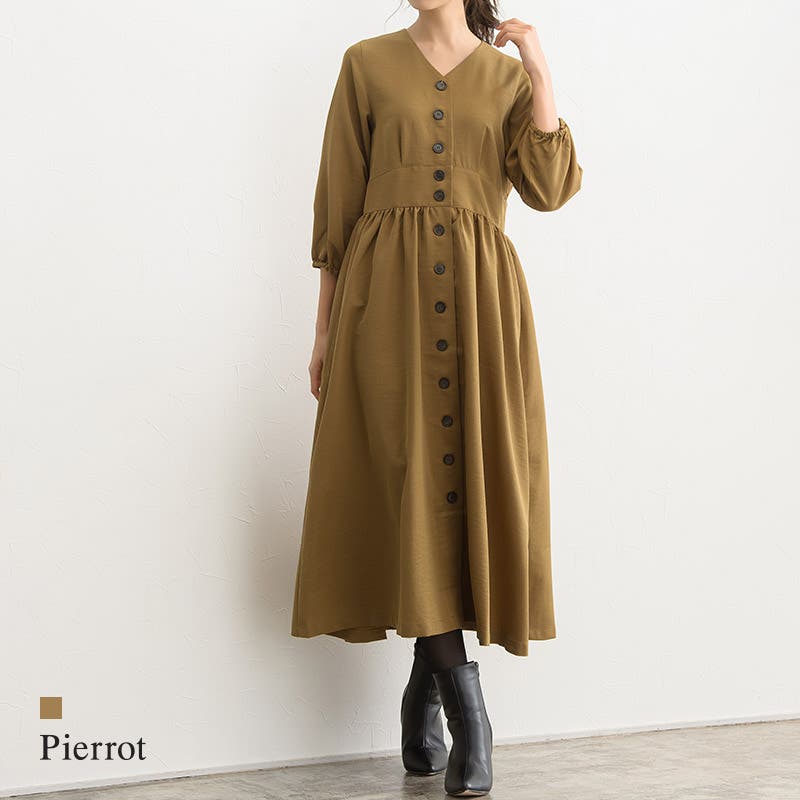 ネイビー Vネック 七分袖 ワンピース　新品 再販 シンプルなVネックワンピース ネイビー ワンピース