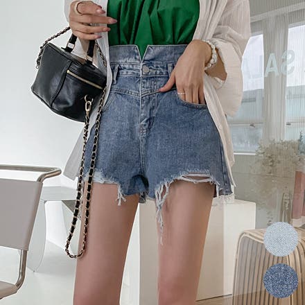 ハイライズデニムショートパンツ ハイウエスト クラッシュ