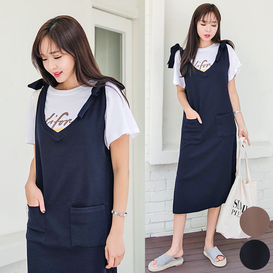 Vネックリボンショルダーワンピース 前後Vネック 深い襟ぐり