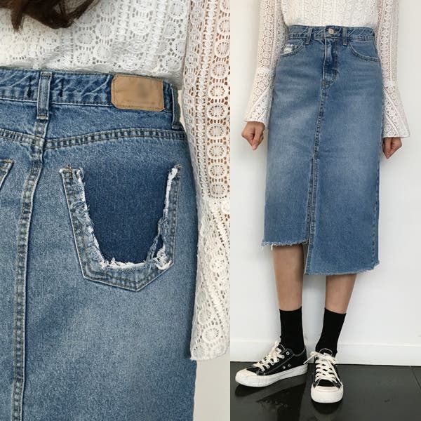 ロングデニムスカート アシンメトリー 切りっぱなし[品番