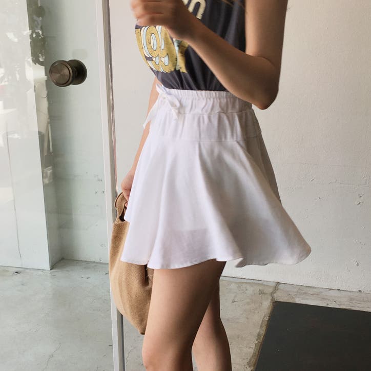 リネンクリームキュロットパンツ ミニスカート 中にパンツあり
