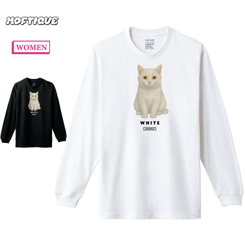 白ねこページ Moftique（モフティック） 長袖Tシャツ 白猫[品番：PRTM0000662