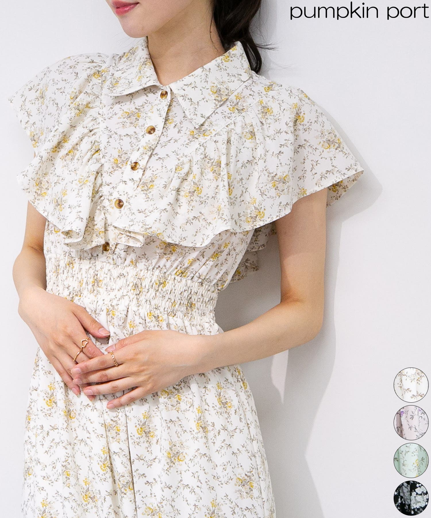 花柄 ラッフル袖 ウエストシャーリング ロングワンピース[品番