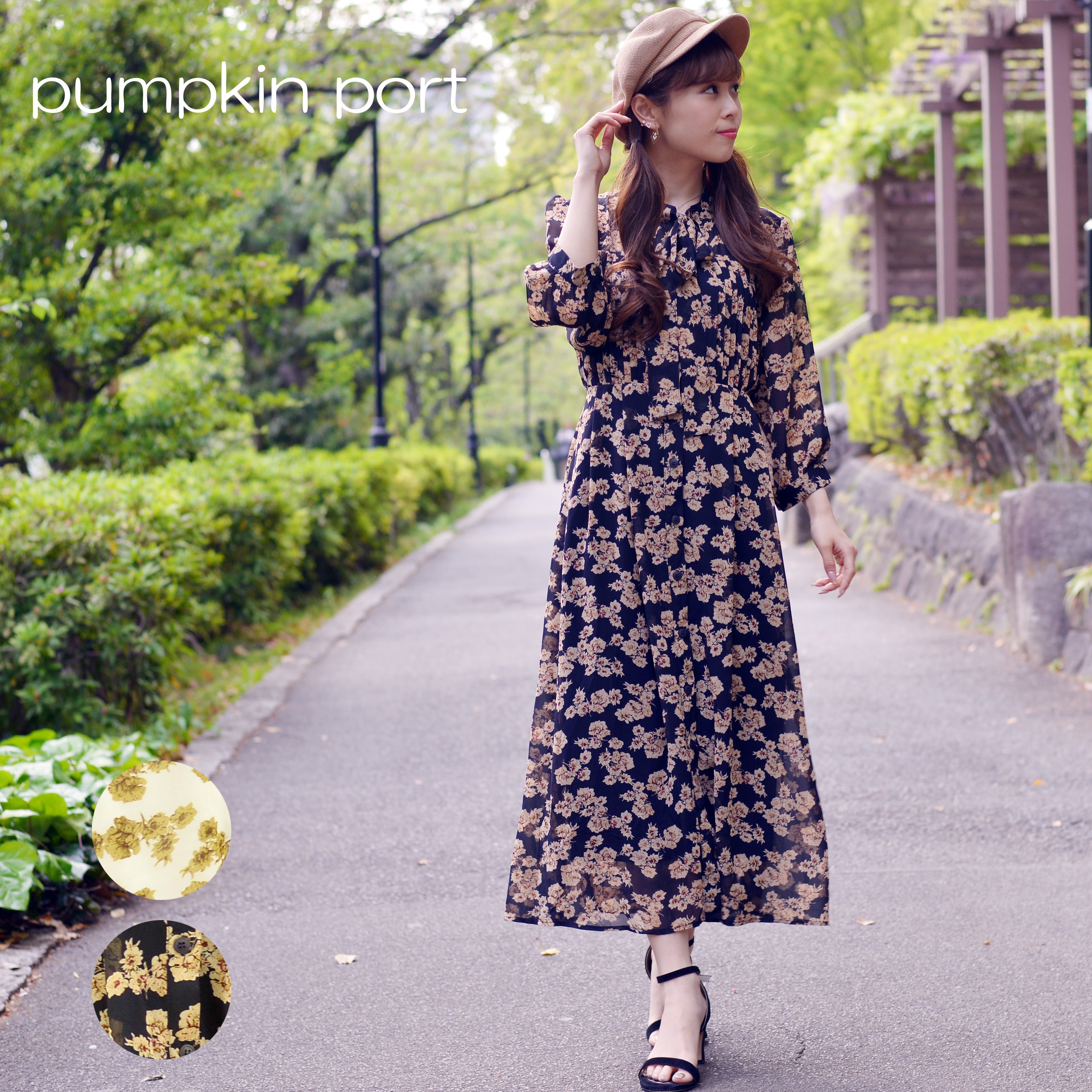 シフォン花柄ボウタイプリーツワンピース[品番：PPNW0000203]｜Pumpkin
