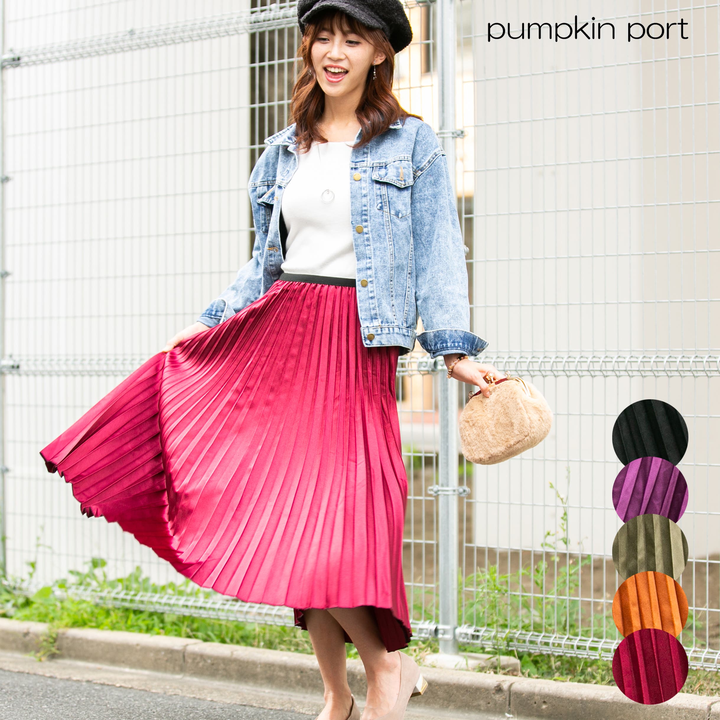 肉厚サテン ロングプリーツスカート[品番：PPNW0000846