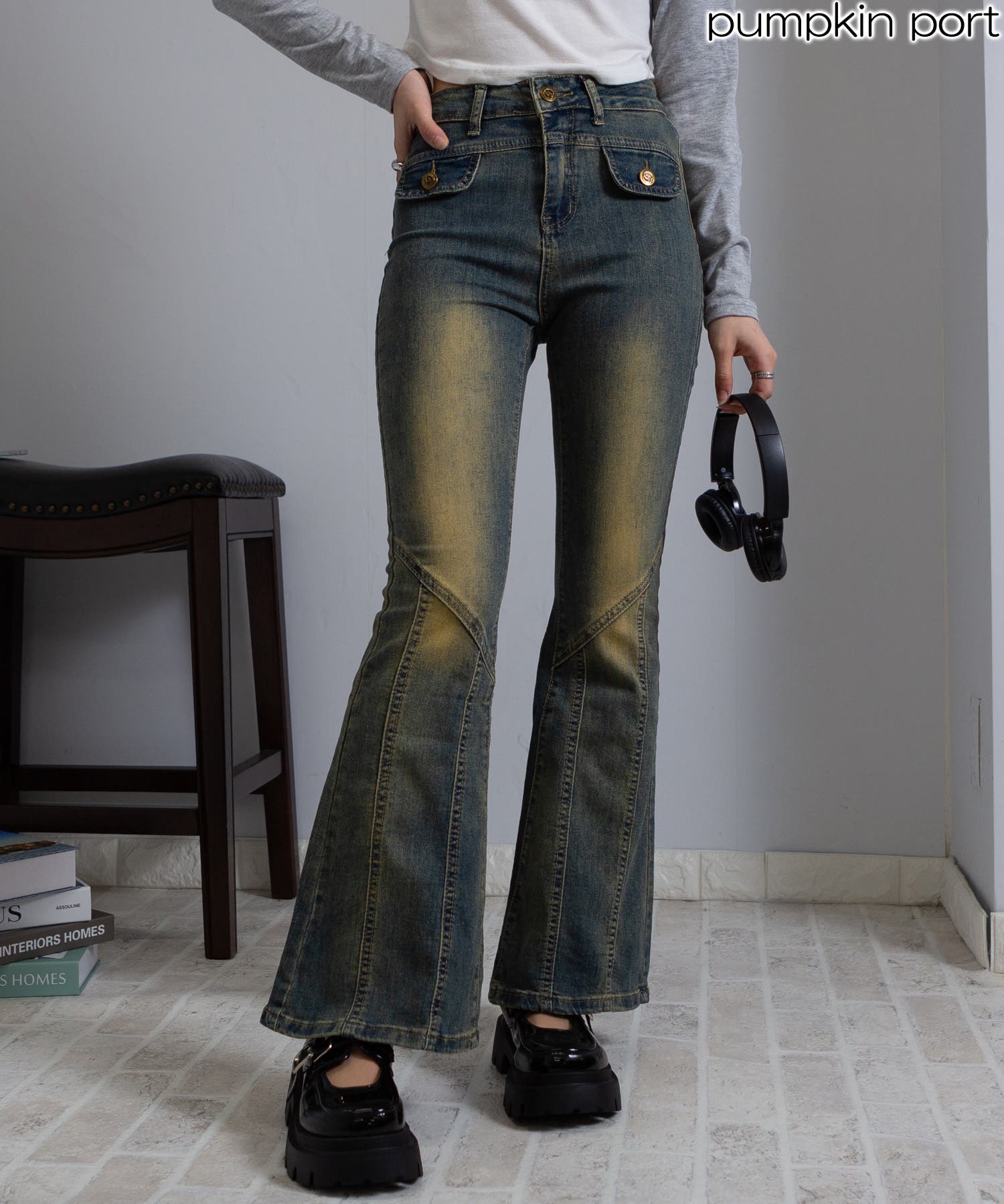 ヴィンテージ加工 切替 デニムフレアパンツ[品番：PPNW0004415