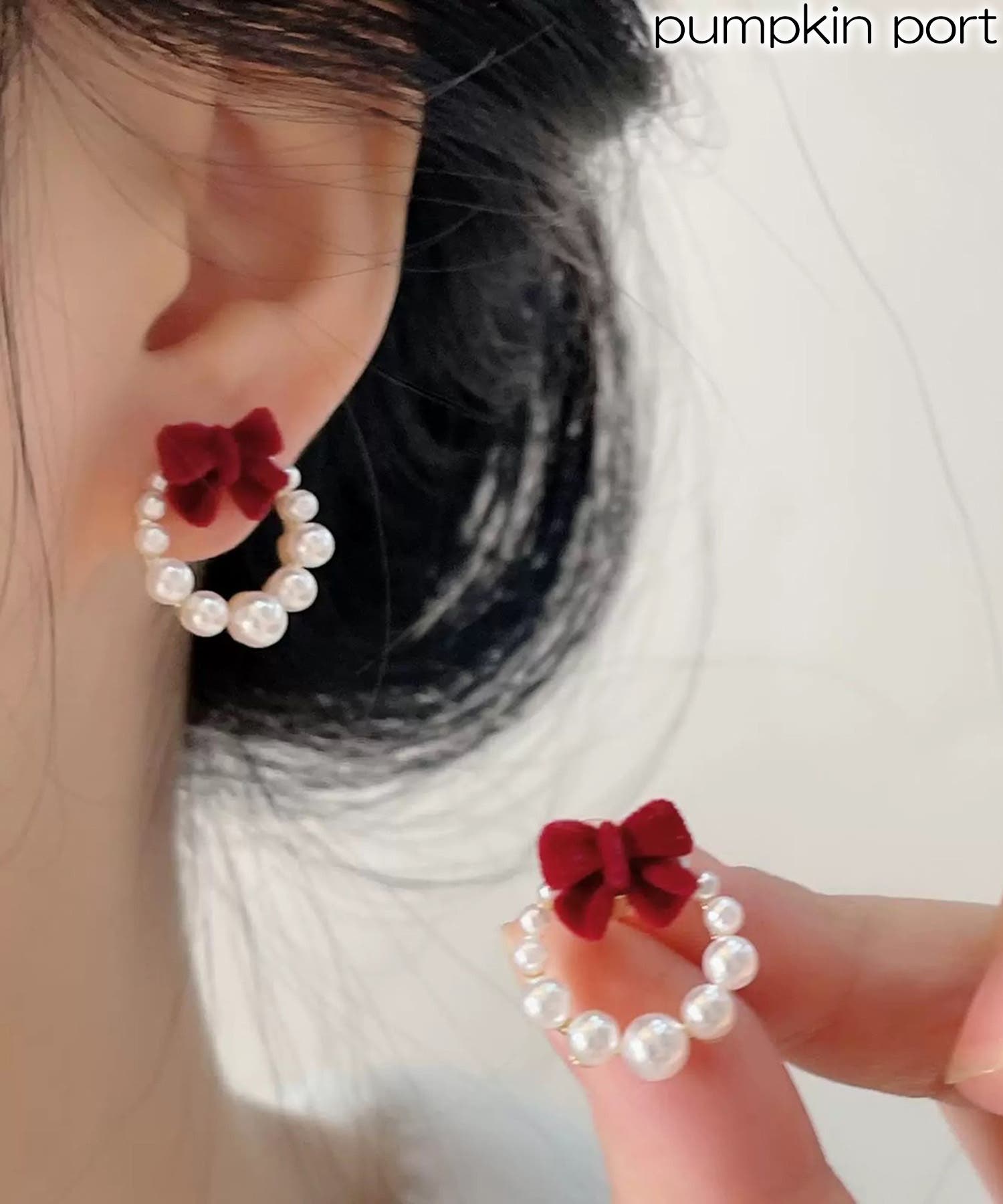 ベロアリボン＆パールサークルピアス[品番：PPNW0005023]｜Pumpkin