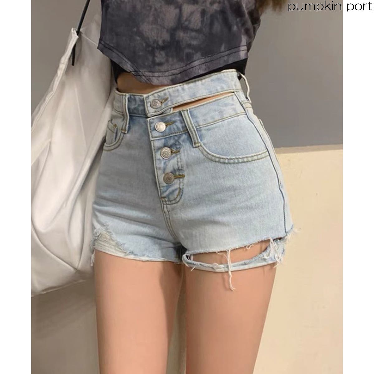 ウエストスリットデザイン ダメージデニム ショートパンツ[品番
