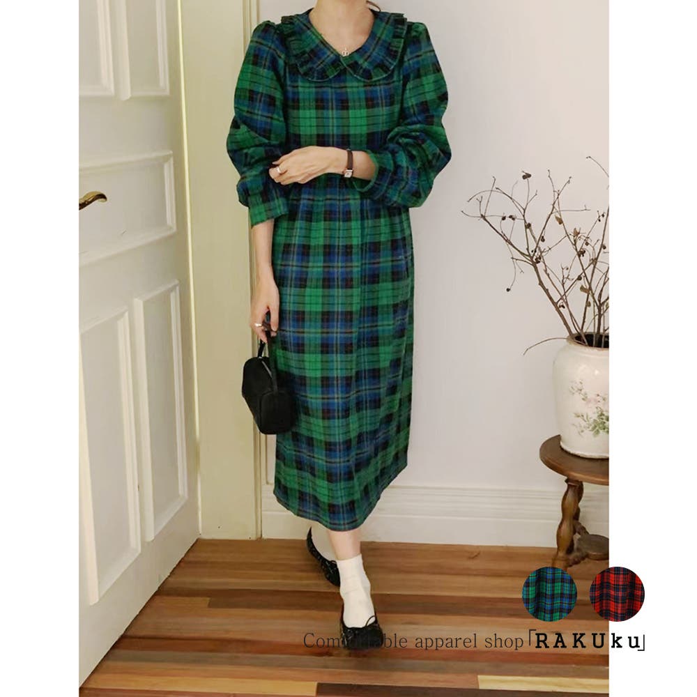 ビッグ襟 チェック柄 レースアップドレス[品番：RKKW0002991