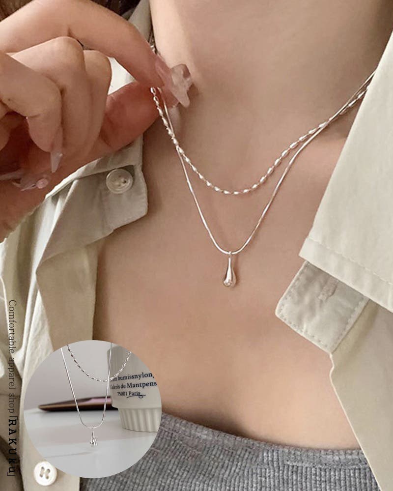 2連ネックレス 2重 ダブル しずく ボールチェーン[品番：RKKW0003398