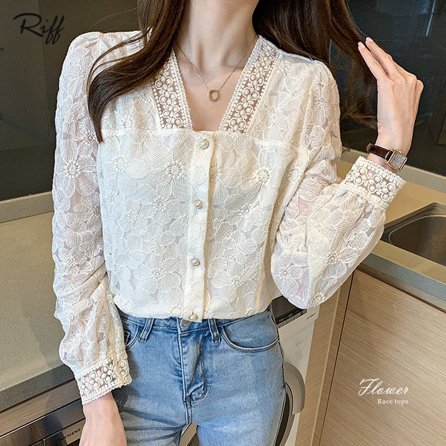 シフォンレースドットVネックパフスリーブブラウス(ブラック) 春夏  大人 春夏ブラウス ドット柄 大人可愛い プリントデシンスキッパー