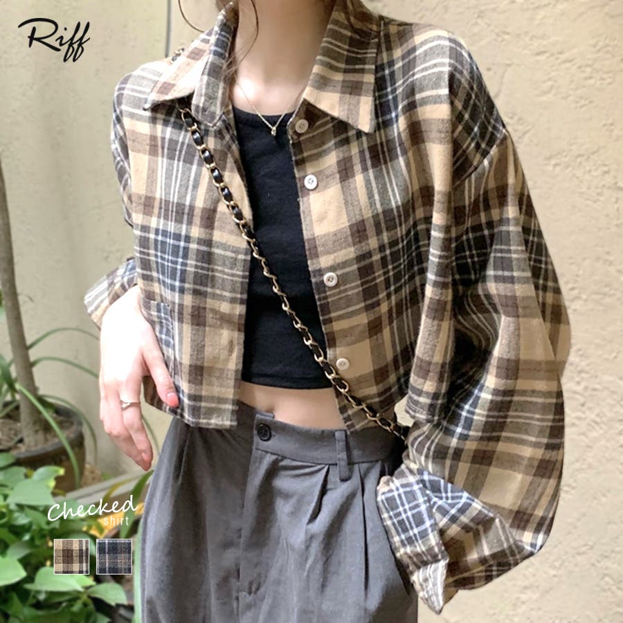 チェック柄ショート丈シャツ クロップド丈 ゆるシャツ[品番 チェック柄ショート丈シャツ クロップド丈 ゆるシャツ[品番