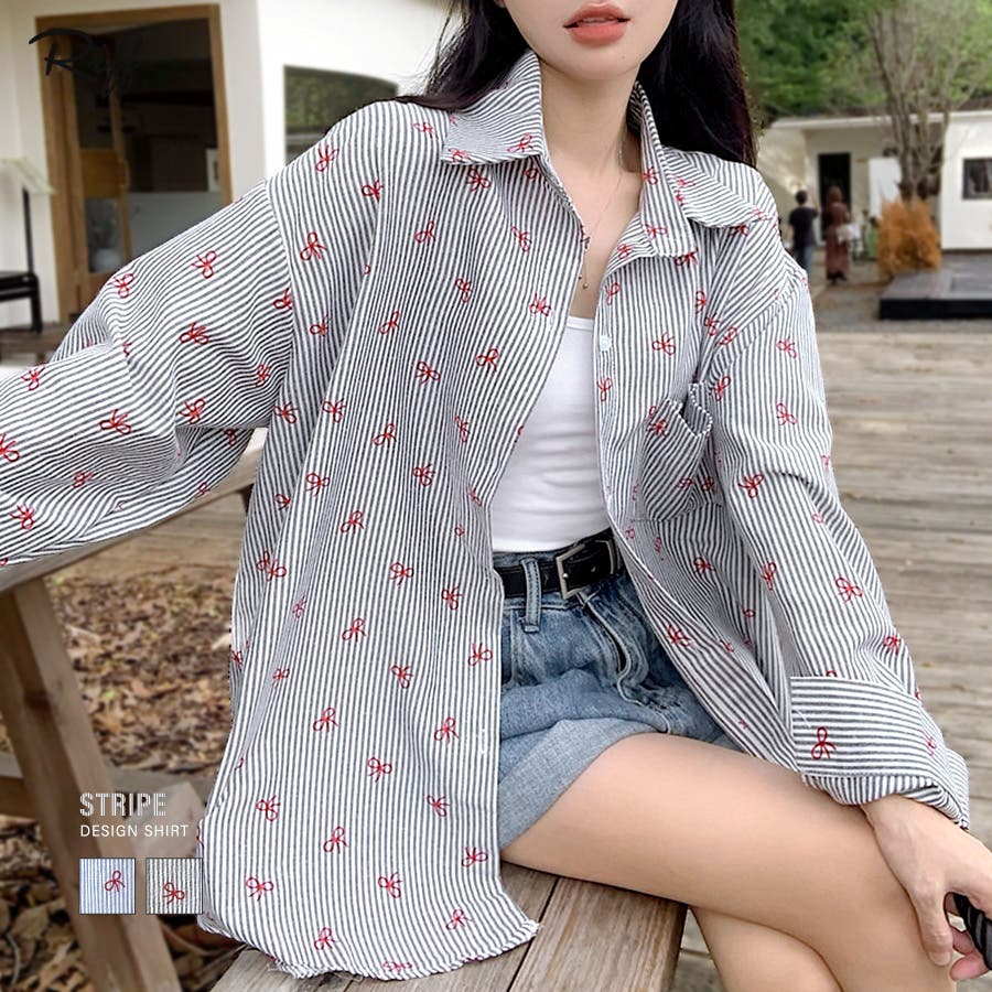 リボン総柄ストライプシャツ オーバーサイズ ロングシャツ[品番