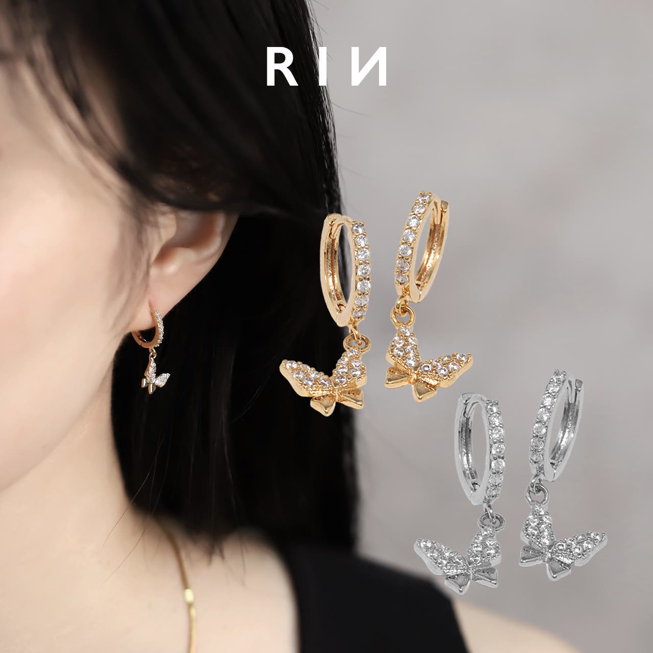 ピアス 蝶きれい上品18kロジウム コーティング[品番：RINA0001990