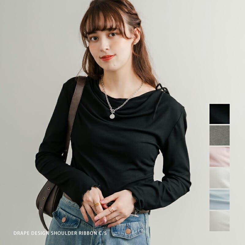 長袖Tシャツ ドレープ 肩リボン[品番：OE000008893]｜Rocky Monroe