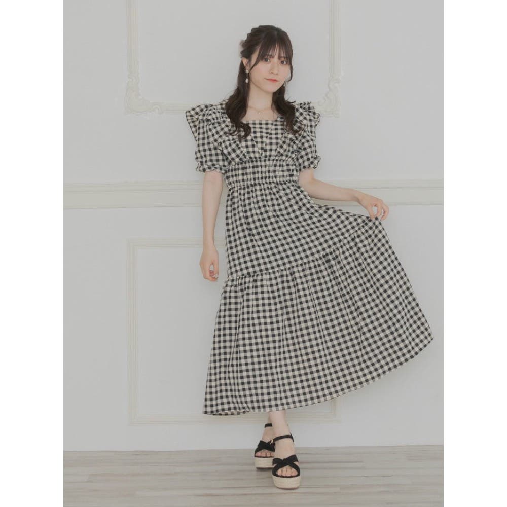 美品] ハーリップトゥ チェックワンピース Vネック リボン A