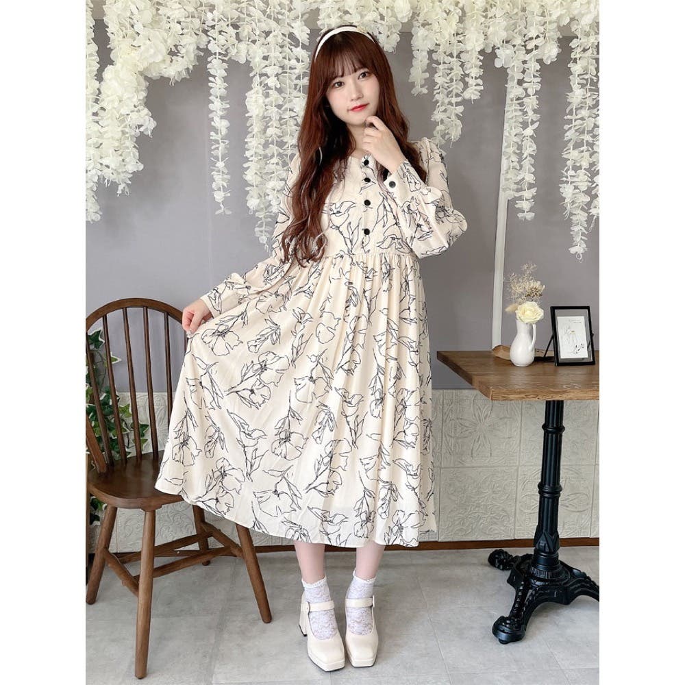 Rmine】ボリュームスリーブ花柄ロングワンピース[品番