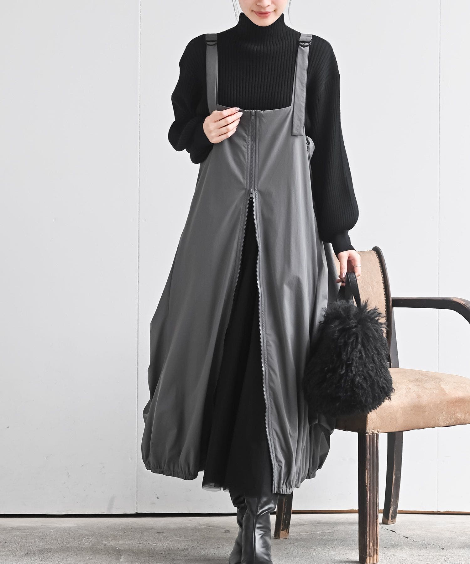 フロントZIPナイロンコクーンジャンスカ[品番：RPSW0003647]｜rps