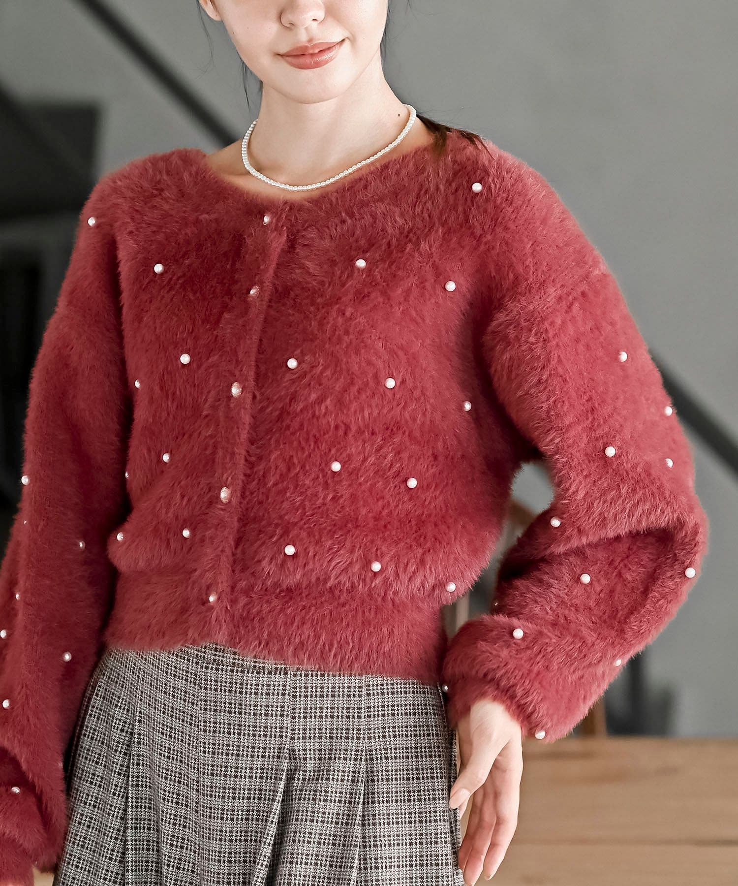 パール付きフェザークルーネックニットカーディガン[品番：RPSW0004147