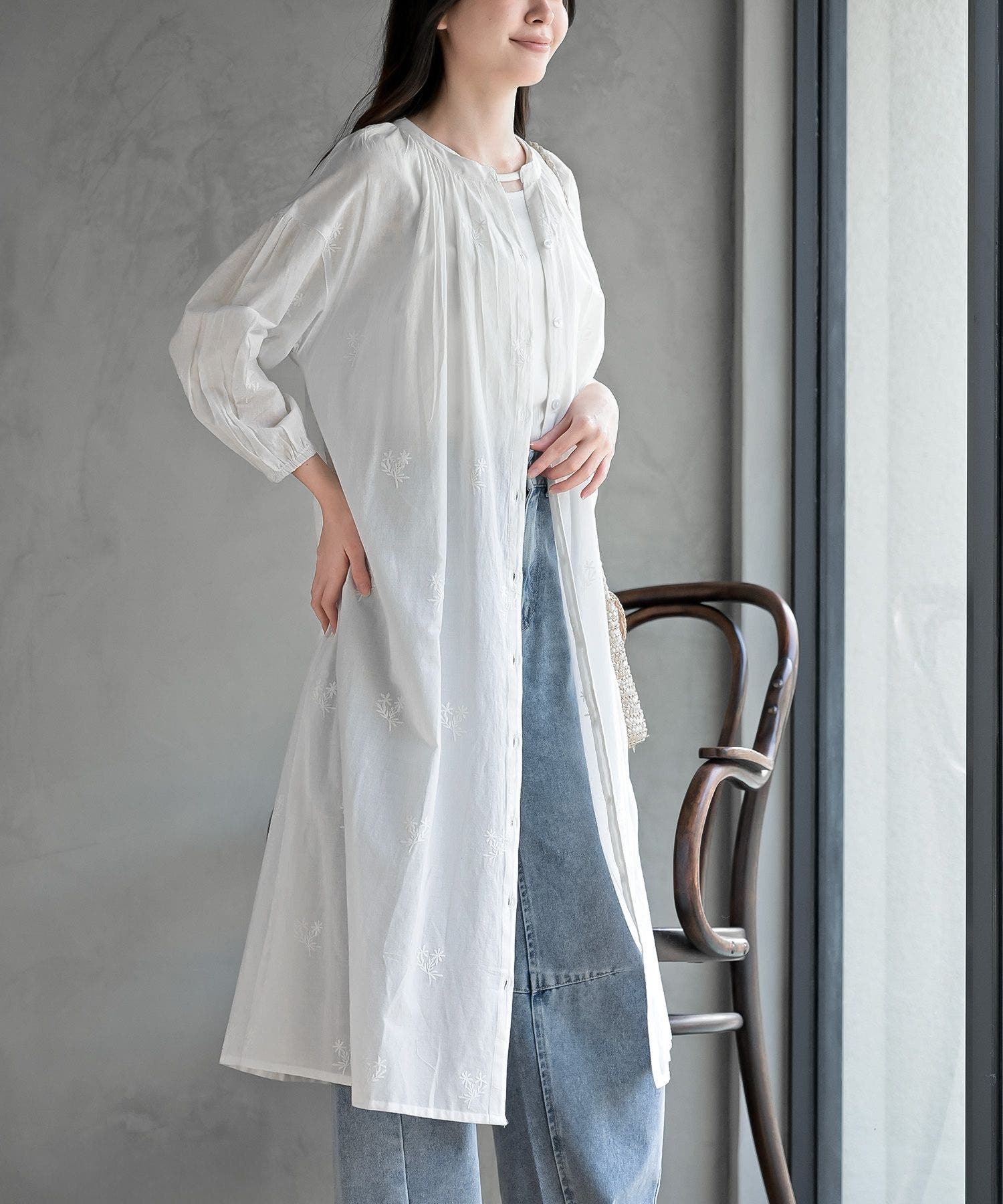 総刺繍バンドカラー9分袖シャツワンピース[品番：RPSW0002506]｜rps