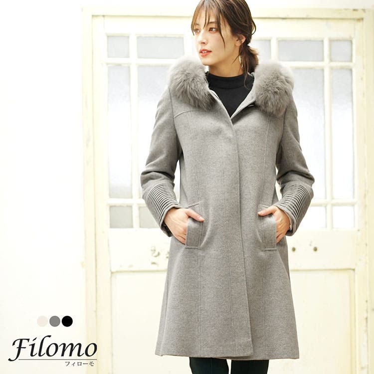 美品✨45R　定価7.5万　アルパカ縮繊フードコート　ロング丈　グレージュ　F カシミヤ ブレンド ロング[品番：SNKC0002297]｜sankyo shokai