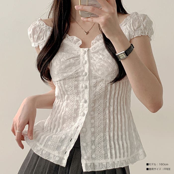 2wayパンチング入りブラウス レディース 半袖[品番：KH000014725