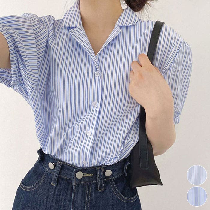 ストライプ柄半袖シャツブラウス 全2色 ストライプ柄[品番