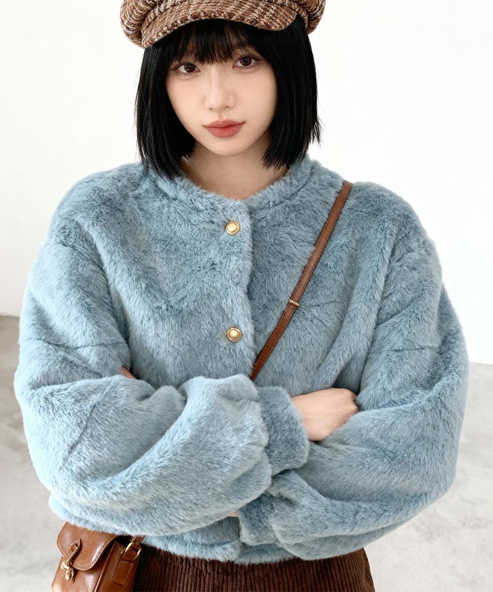 ふわふわファー パールボタン ショートカーディガン アウター[品番