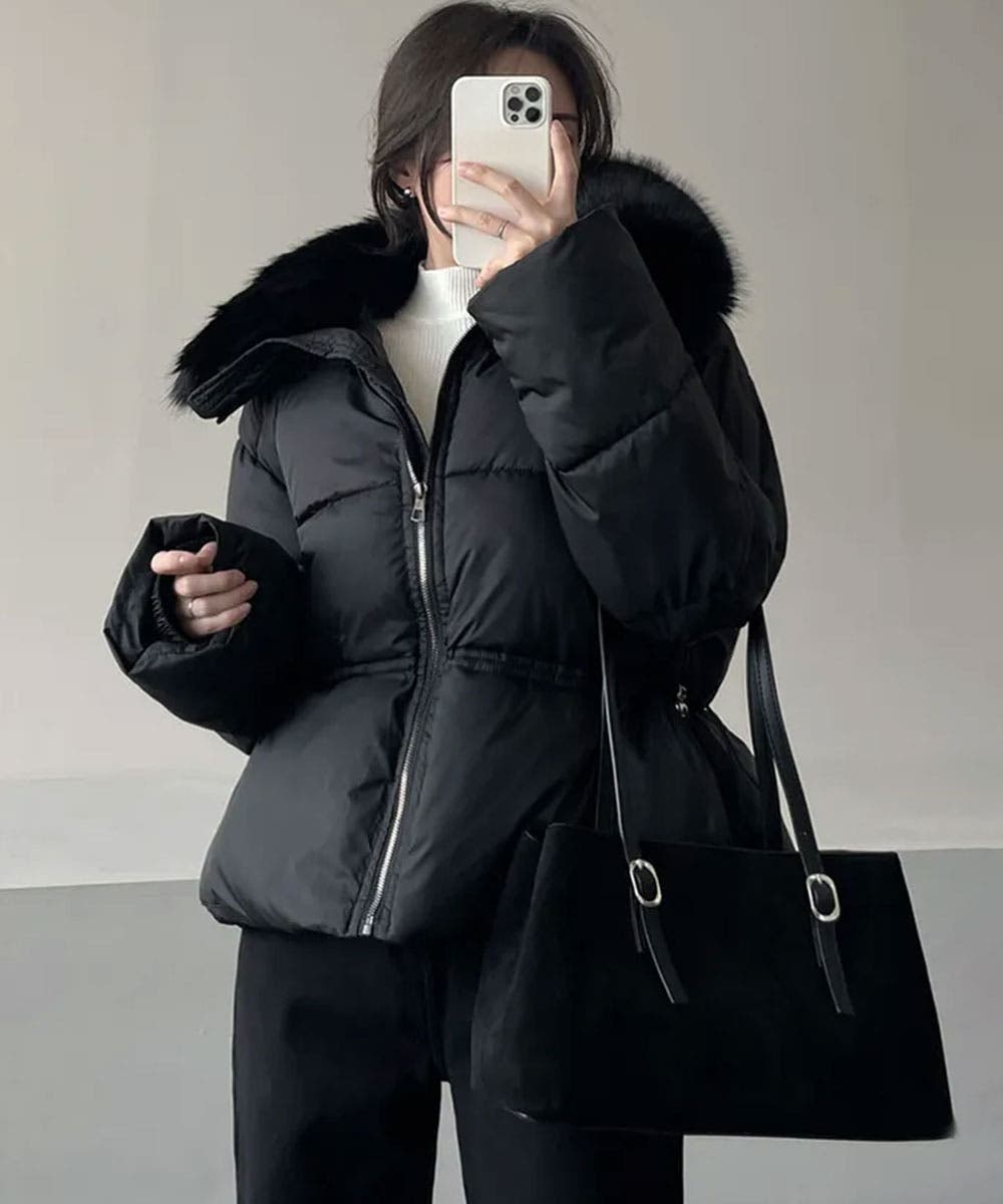 ファー付き ウエストシェイプ 中綿ダウンジャケット[品番：KH000015929