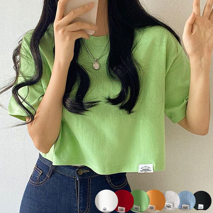 ラベル付きクロップド丈tシャツ半袖 レディース 無地[品番