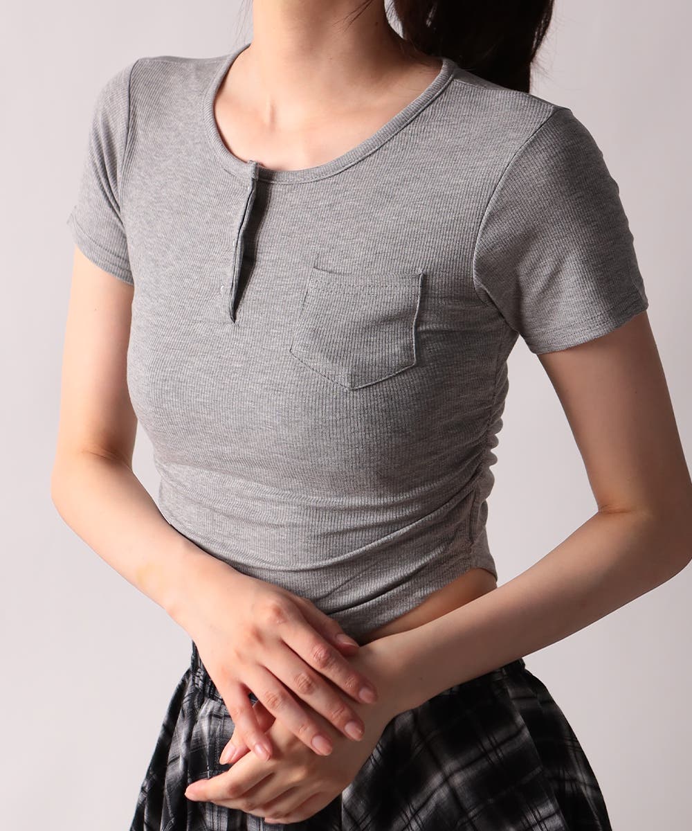 ヘンリーネック ルーズ Tシャツ 半袖 トップス 韓国 5色 hr9816 半袖 ヘンリーネック ショート丈 Tシャツ | レディース