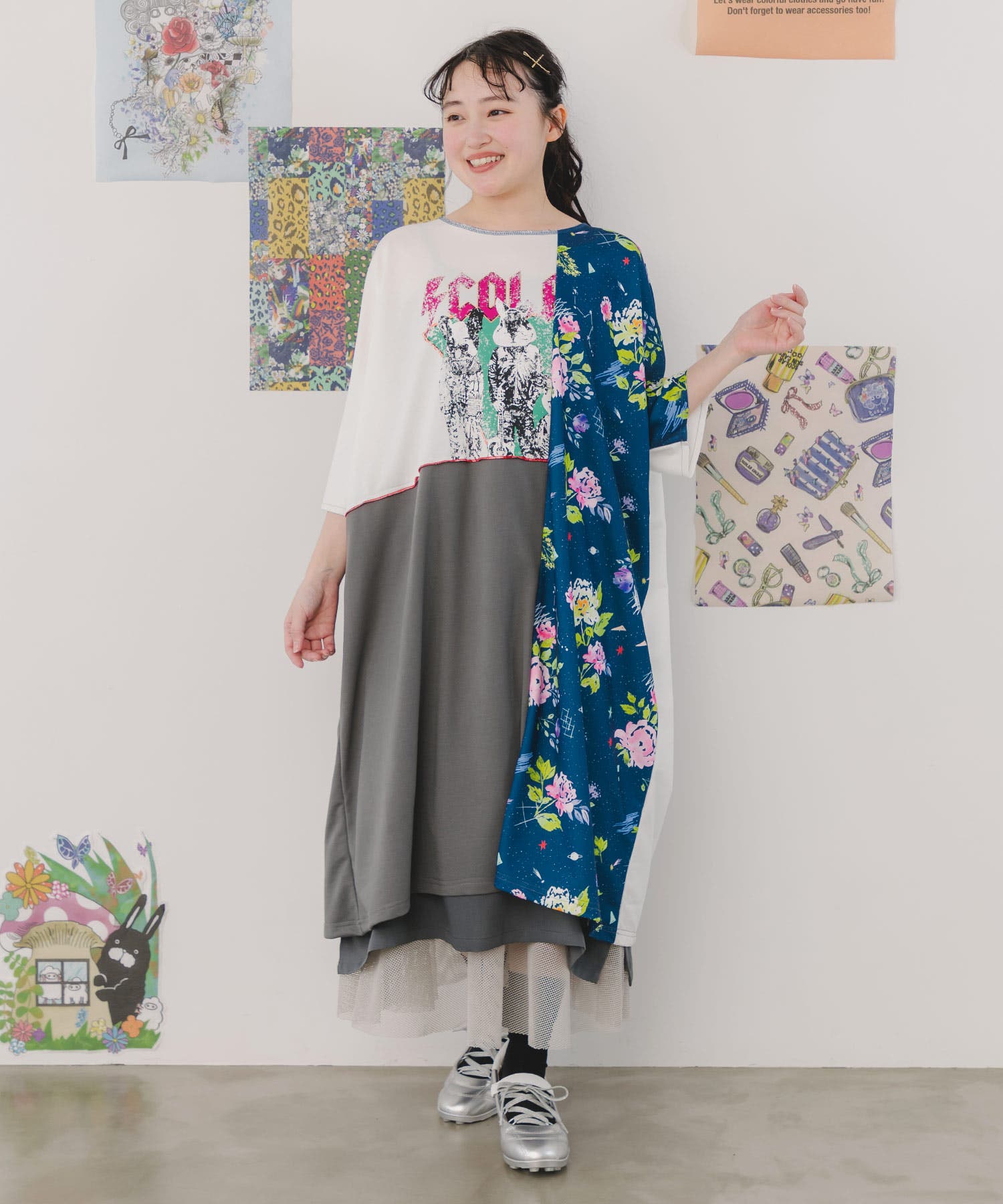 【スカラー】ScoLar ファー ボア 切り替え パッチワーク コート M緑×黒 ロック×花柄切替 パッチワーク風ワンピース[品番：SRSW0000026