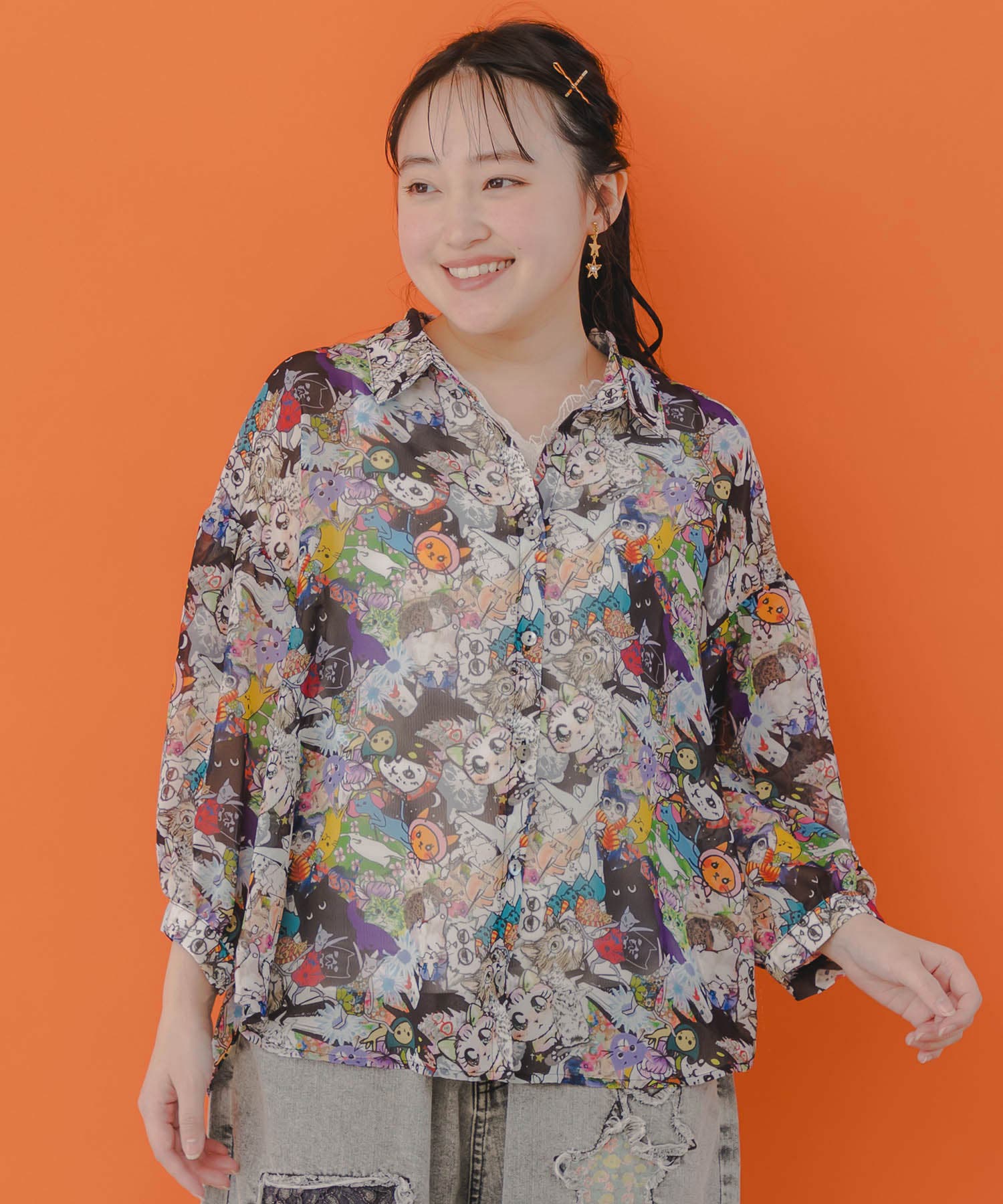 ScoLar - Scolar いろんなネコ・ヒョウ・メルヘン 3柄展開シフォンシャツ いろんなネコ・ヒョウ・メルヘン 3柄展開シフォンシャツ[品番