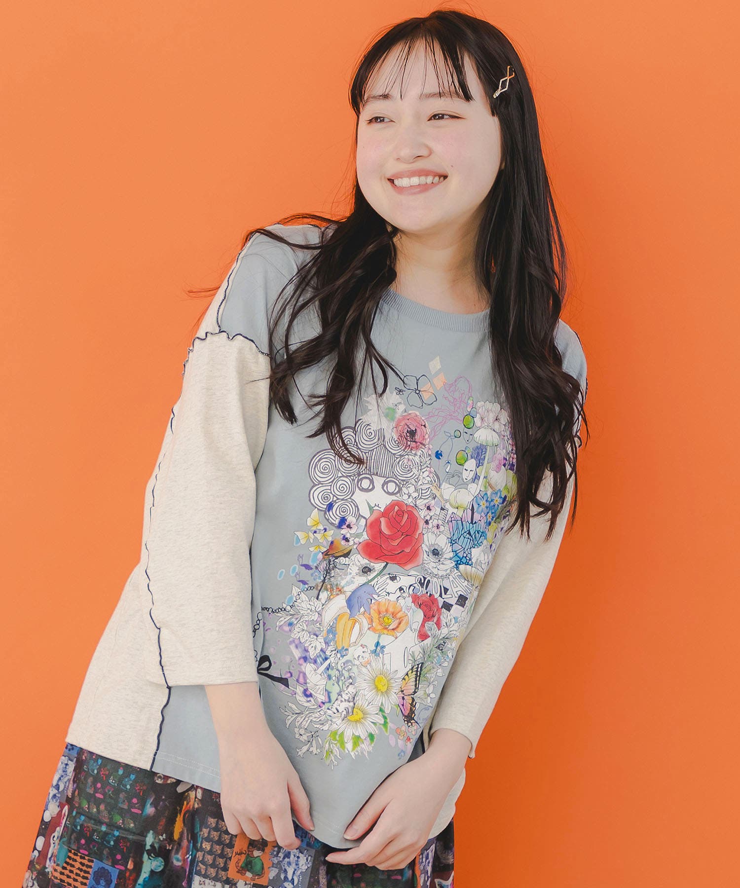 スカラー / スカラーちゃんと花 バイカラー7分袖Tシャツ スカラーちゃんと花 バイカラー7分袖Tシャツ[品番：SRSW0000037