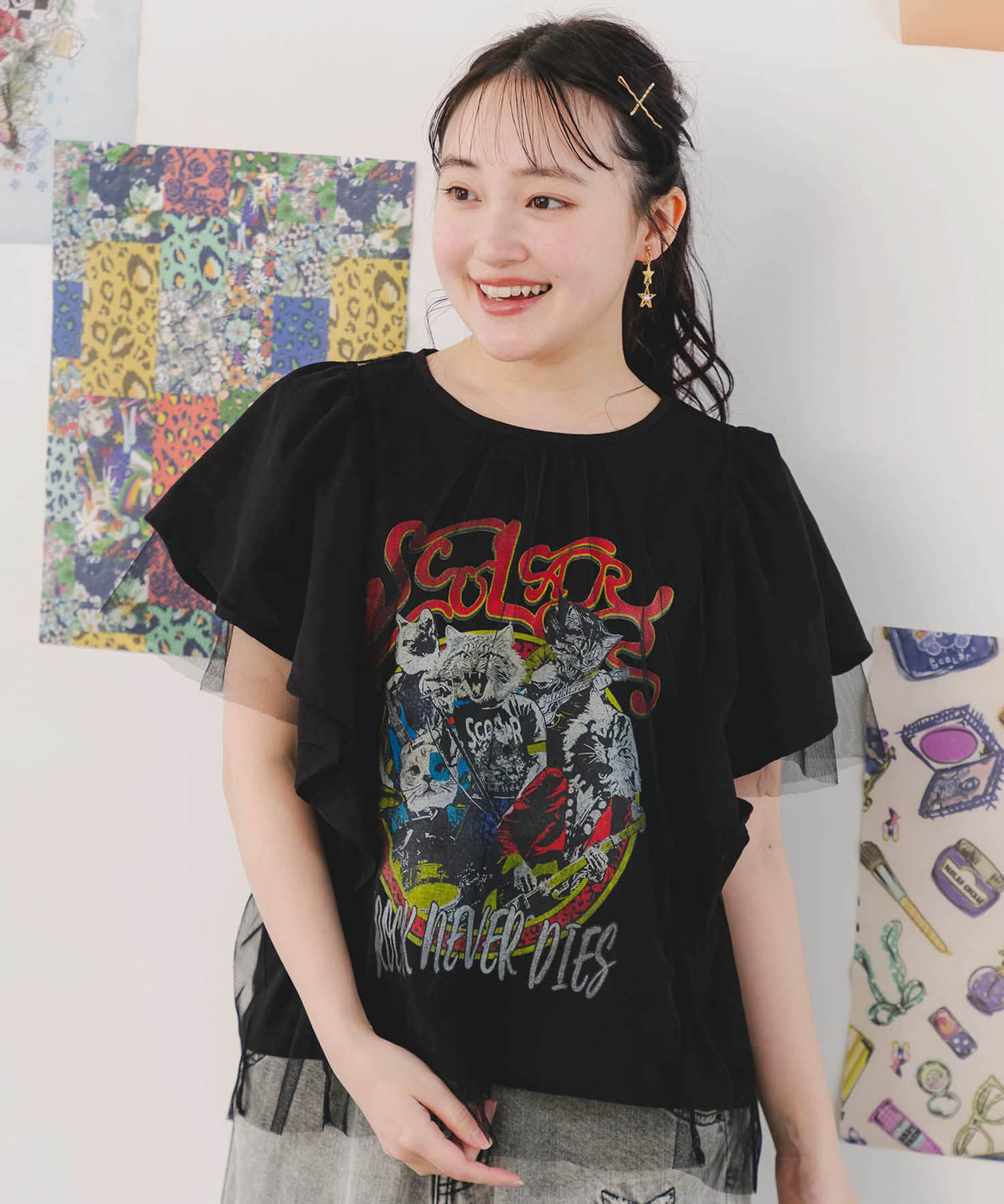 Y's チュールコラージュチェックプリントBIG T オーバーサイズ　新品タグ付 セール】ピグメント加工 ロックTシャツシアーチュールトップス2