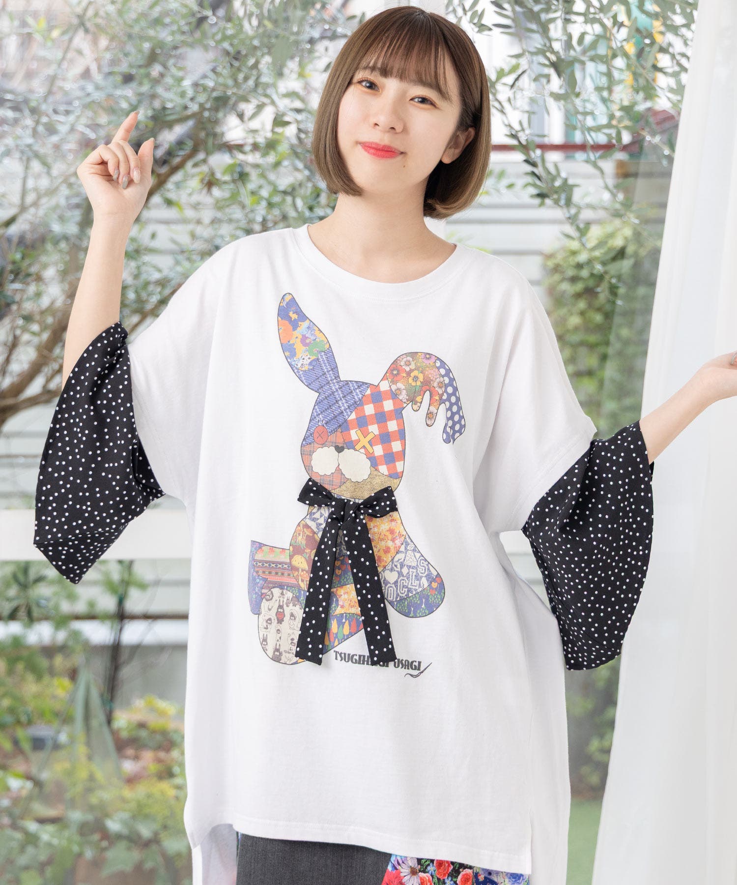 スペシャルオファ パッチワークウサギ柄 ドット切替BIG-Tシャツ[品番：SRSW0000056 トップス