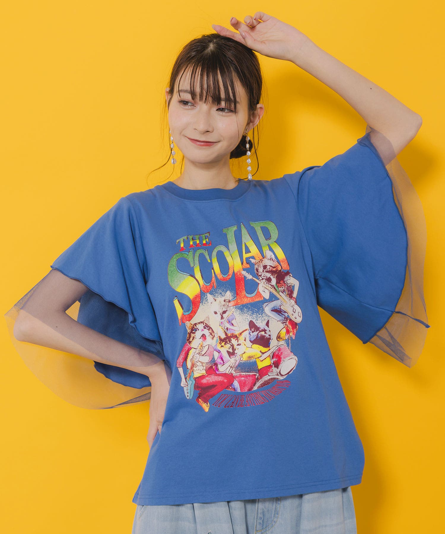 ネコ×ロック柄 メッシュ切替Tシャツ[品番：SRSW0000103]｜ScoLar