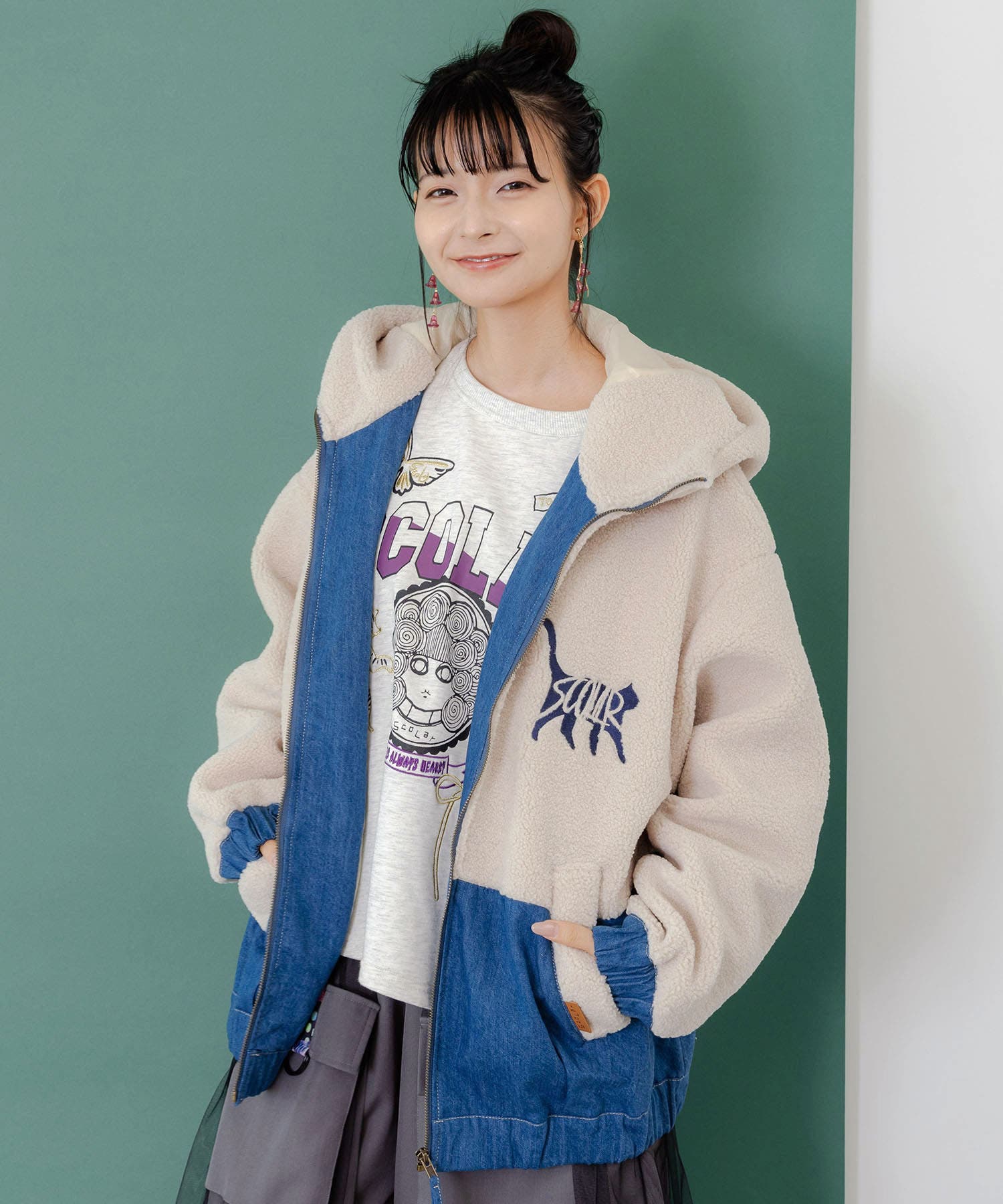 ネコ刺繍ボア×デニム異素材切替ブルゾン[品番：SRSW0000306]｜ScoLar
