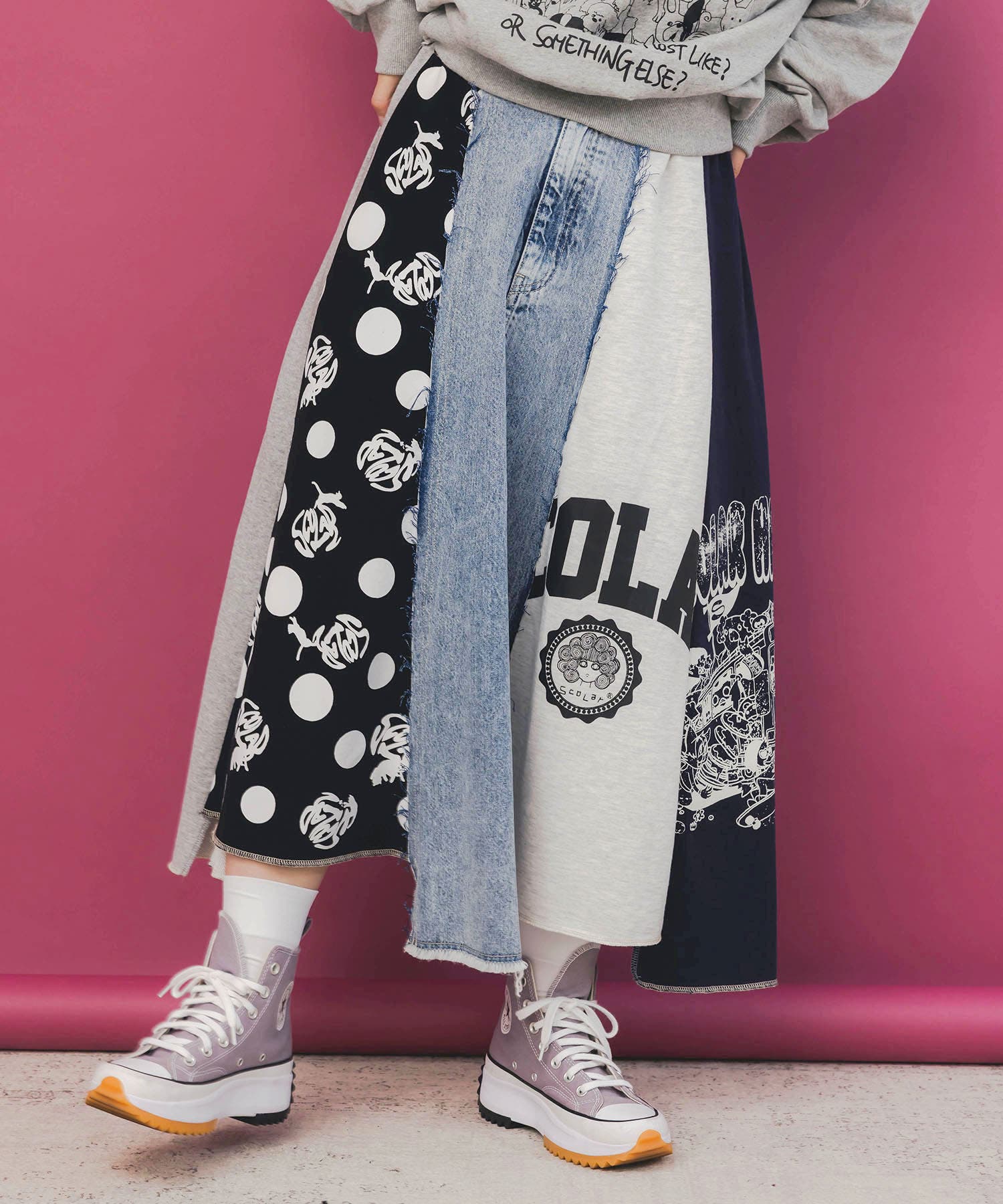 スカラーリメイク風 異素材切替デニムスカート[品番：SRSW0000368