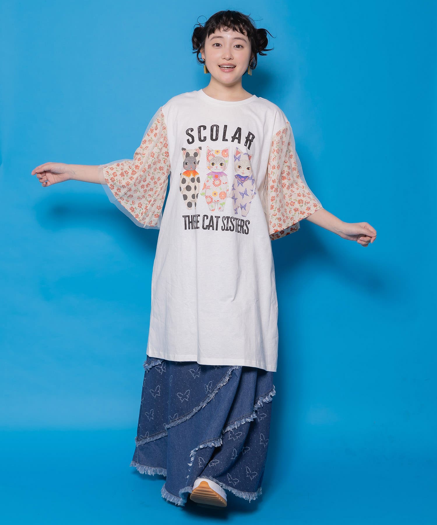 希少 ScoLar スカラー ターバンを巻いたおしゃれネコ ワンピース M おしゃれネコシスターズ チュール重ね袖ワンピース[品番：SRSW0002331