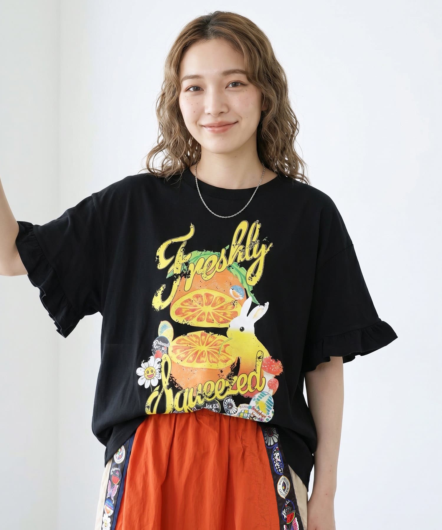 FILA ウサギ柄 Tシャツ ショートパンツ セット M オレンジ大好きうさぎ柄 フリル付きTシャツ[品番：SRSW0002605