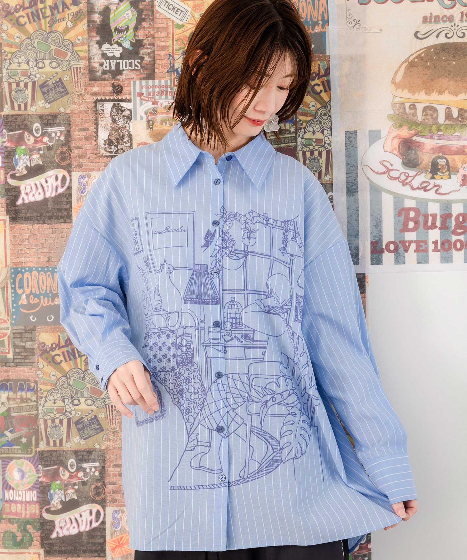 春の朝プリント ストライプチュニックシャツ[品番：SRSW0000081