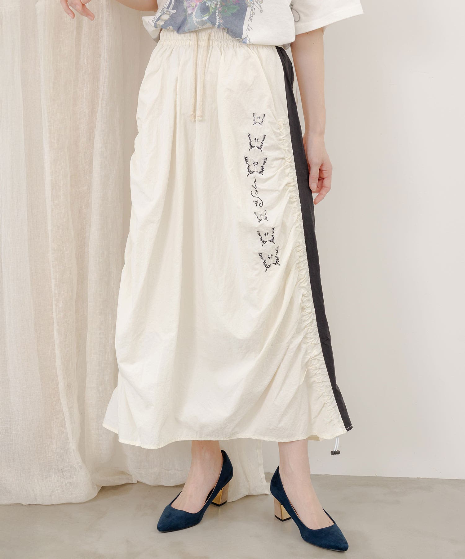 ScoLar】蝶柄プリント メッシュ切替 ドロストスカート タグ付未